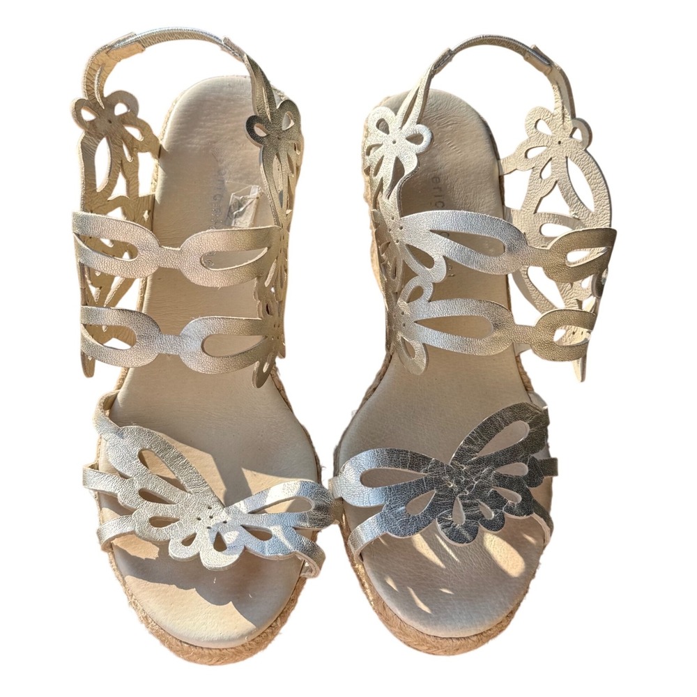 Eric Michael Espadrille Wedge Sandals Women 37 Gold Excellent Laser Cut Floral
